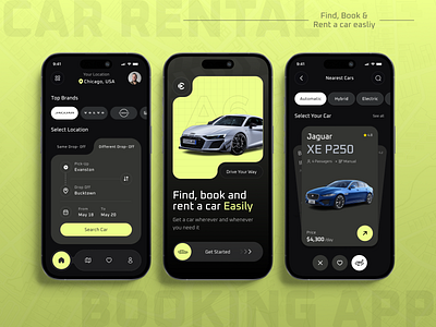 Luxurious Car Rental Mobile App android app design app ui application car app car application car booking car hire car rental app car service dark ui design gps ios map mobile app rent a car rental car ui ux