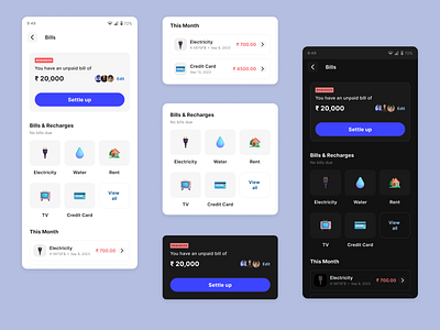 Payment App UI bills branding darkmode design system illustration lightmode logo minimal payment app product design split tech typography ui ux visual hierarchy