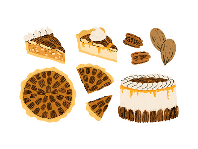 Pecan pie set cartoon concept design dessert flat food illustration nut pecan pie sweet vector