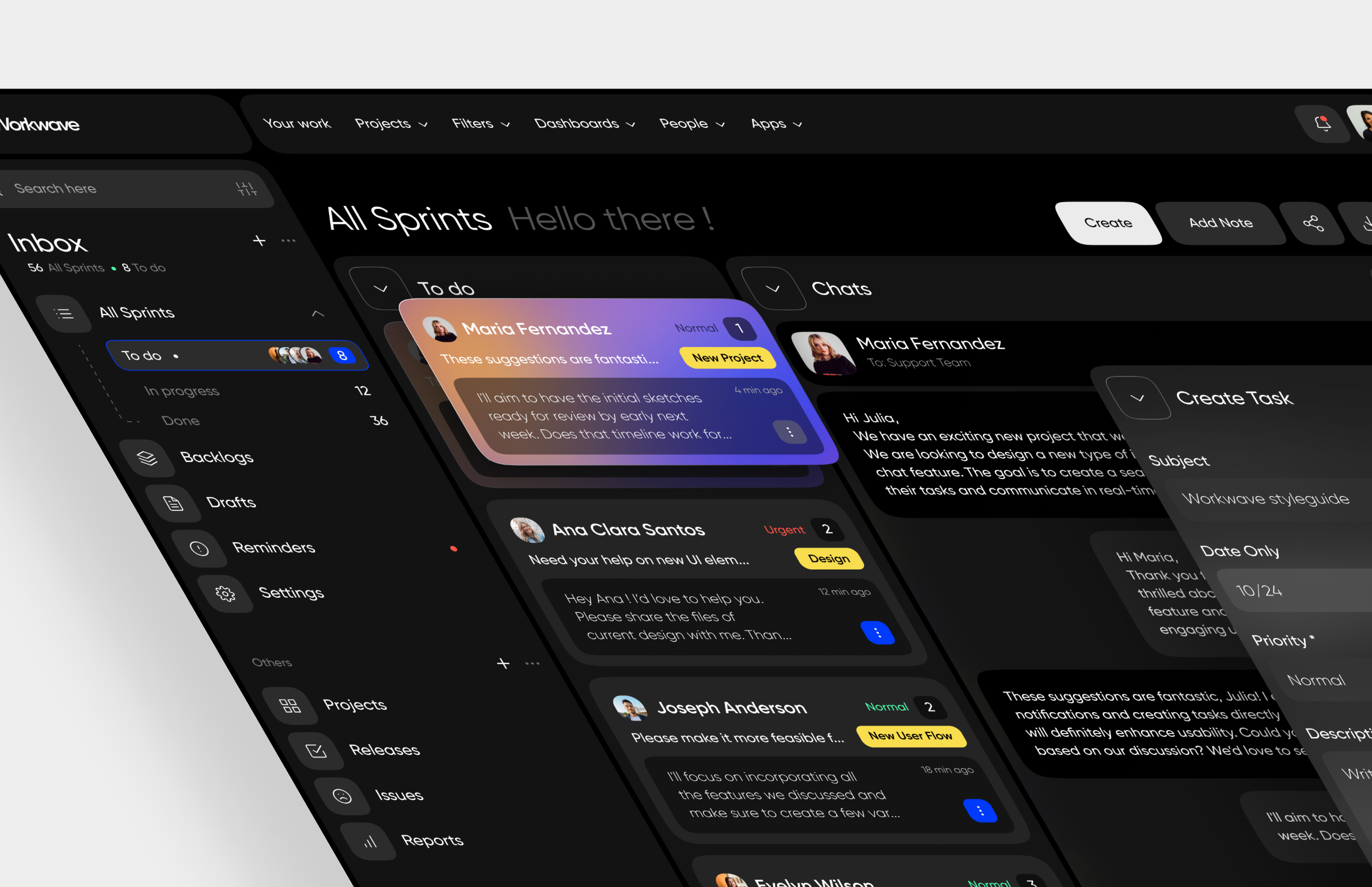 Workwave - UI Dashboard 2024 apple chat dark darktheme dashboard glass graphic design interaction interactive ios ios18 mac modern new project management slack task task management ui