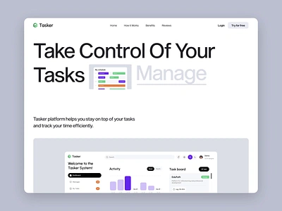 Tasker - Landing Page for management and productivity platform admin panel animation branding charts clean dashboard homepage illustration landing page management minimal product design tasks web design