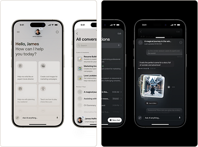 Gen AI Mobile App Home Screen, Conversation Panel and Chat UI ai artificial intelligence chat conversations design gen ai generative ai glowing home screen input inspiration list mobile mobile app mobile ui product design sidepanel typography ui ux