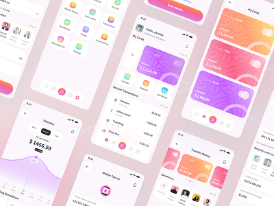 Mobile Banking App UI Kit app design bank bank card banking app figma finance app financial app fintech graph mobile app mobile banking app money problem solving statistics transaction transfer ui ux design