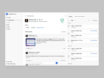 Quinn - Relationship CRM SaaS software clean design contact view crm crm software feed member view posts product design profile relationship crm relationship saas relationship software saas saas software single profile view timeline ui ui ux ux