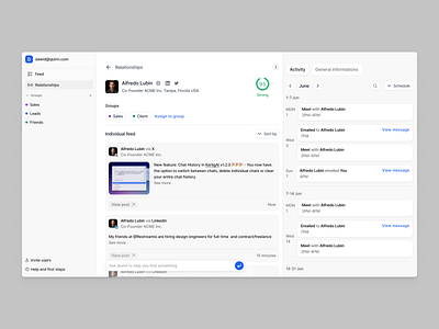 Quinn - Relationship CRM SaaS software clean design contact view crm crm software feed member view posts product design profile relationship crm relationship saas relationship software saas saas software single profile view timeline ui ui ux ux