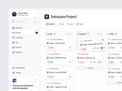 Smart Platform for Car Sales with AI ai analytics business cars customer dashboard dealership kanban list view managment optimization platform product design saas service ui ux
