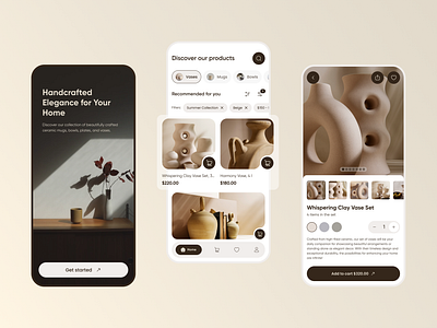 Handcrafted Ceramics E-Commerce Mobile App cart cermics checkout clean concept e commerce favourite filters home ios like mobile product page purchase search shop sorting store ui ux
