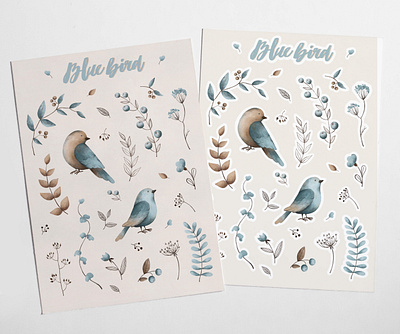 Watercolor blue bird stickers blue blue bird brown digital digital art draw floral ill illustration stickers wall art watercolor watercolor art