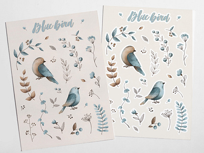 Watercolor blue bird stickers blue blue bird brown digital digital art draw floral ill illustration stickers wall art watercolor watercolor art