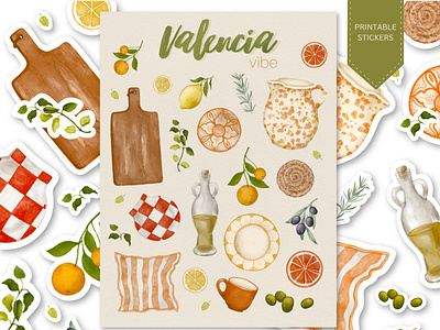 Valencia summer vibe digital digital sticker draw illustration italy kitchen stuff olive spain sticker pack stickers summer summer set valencia watercolor art