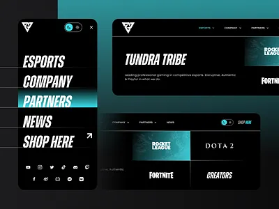 Navigation UI 2d black blue business dark design desktop esport flyout menus gaming hover interaction interface logo mobile navigation tundra ui ux website