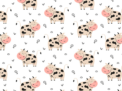 Cute cow seamless pattern with flower and leaf farm