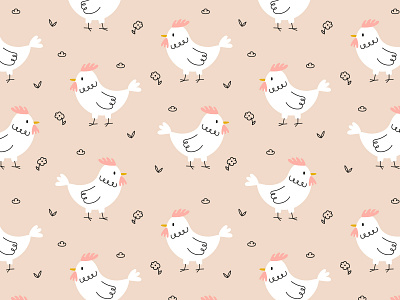 Pattern with cute chicken and doodle flowers easter