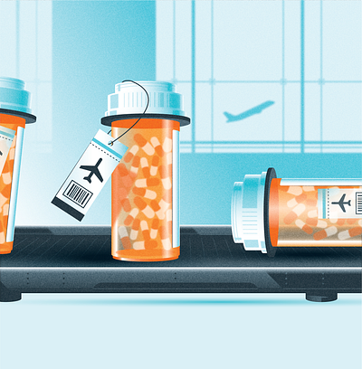 How to travel with medication (Which? Travel) airplane airport conceptual illustration medicine pill travel