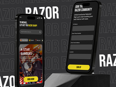 Razor: Barbershop Mobile App app barber barbershop branding design figma graphic design mobileapp razor saloon ui uidesign uiux