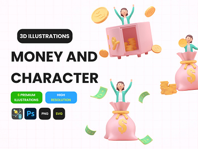 Download 4 Money and Character 3D Illustrations 3d app design app ui design apps ui design branding design figma design illustration logo pixel craft ui