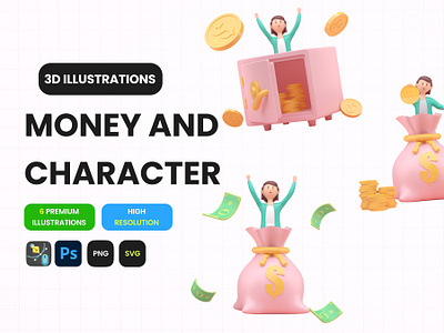 Download 4 Money and Character 3D Illustrations 3d app design app ui design apps ui design branding design figma design illustration logo pixel craft ui