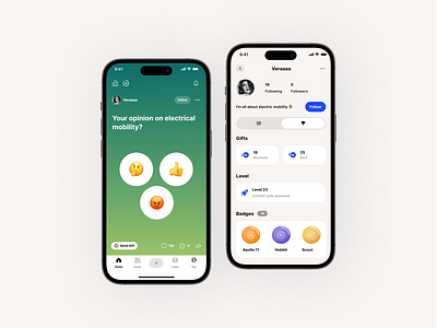 Feed & Profile achievements app badges design emojis feed gifts levels mobile poll profile ranking survey ui ux ux design