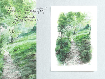 Watercolor Mountain Pathway countryside fine art greenery home decor illustration landscape nature painting panorama rural scenery traditional art wall art watercolor