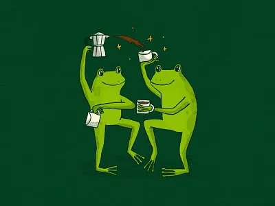 Moka Pot Frogs 2d character coffee cute dance digital art friendship frog frogs green illustration illustrator moka pot sparks