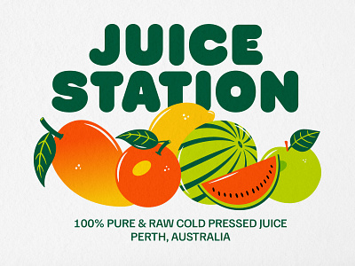 Juice Station - Brand graphic for t-shirt badge brand identity brand illustration brand kit branding design fruit juice fruits fruits illustration graphic design illustration lemon logo mango orange t shirt t shirt design typography vector watermelon