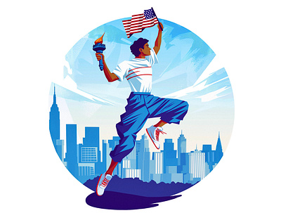 4th of July 🇺🇸 4th of july american flag americans art boy celebrating city graphic design happy illustration illustrator independence independence day jumping lady liberty liberty man new york skyline usa