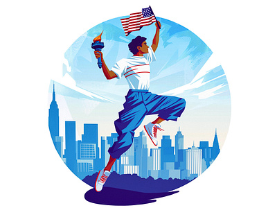 4th of July 🇺🇸 4th of july american flag americans art boy celebrating city graphic design happy illustration illustrator independence independence day jumping lady liberty liberty man new york skyline usa