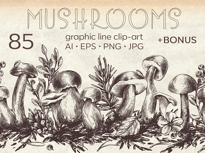 Edible forest mushrooms ink graphics berry