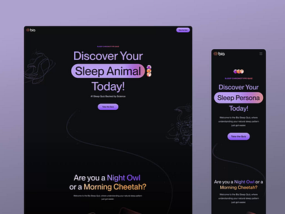 Bia Sleep Quiz - Landing Page dark mode graphic design landing landingpage quiz landing sleep sleep chronotype sleep quiz ui web web design