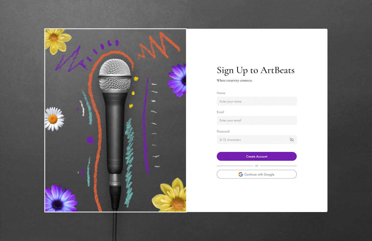 Sign Up - Music Platform 100dailyuichallenge art dailyui design desktop flowers form mixedmedia mixmedia modal motion music purple screen signin signup ui ux web website