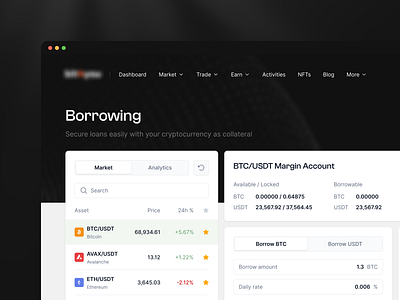 Cryptocurrency Platform: Borrowing app application bitcoin branding crypto cryptocurrency dashboard design earn finance graphic design landing market nft product trading ui ux visual web