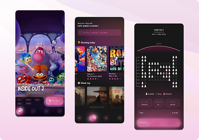 Cinema Ticketing App Design app design apple black booking cinemas dark mode design film ios land page mobile movie pink tickets ui ux