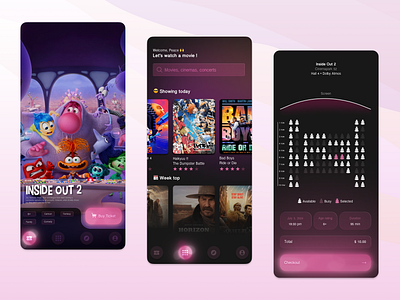 Cinema Ticketing App Design app design apple black booking cinemas dark mode design film ios land page mobile movie pink tickets ui ux