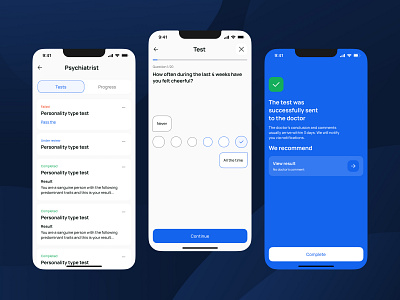 Medical mobile app psychiatrist test app blue design health med phone status success survey test ui ux variants wellness сhoose