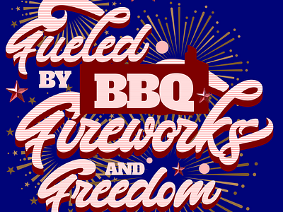 Patriotic Celebration: BBQ, Fireworks, and Freedom fireworks graphic design holiday lettering poster red white blue script