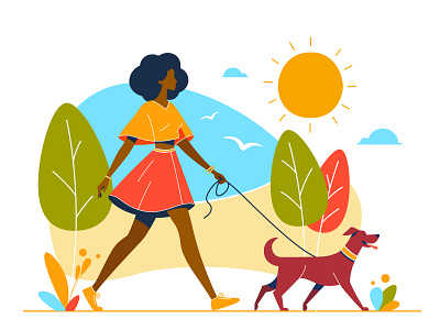 Summer. A girl walking with her dog. Flat Vector illustration art branding design dog flat girl graphic design graphic illustration heat illustration illustration for web summer sun ui ux vector walking weather web yellow