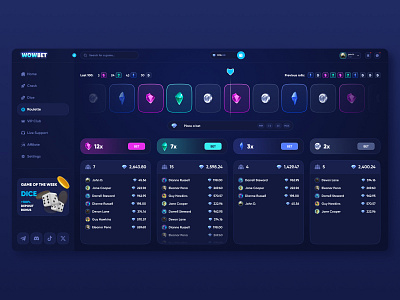 Wowbet. Roulette game page. app design bets betting casino crash crypto crypto casino dark theme design gambling game interface jackpot product design roulette slots ui ui design ui ux web app