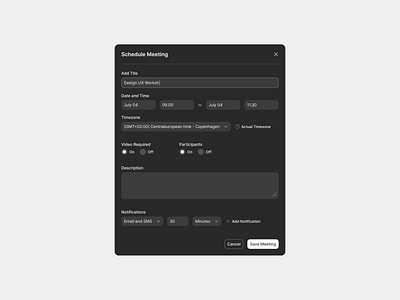 Schedule meeting add calendar cta date and time design exploration event planning figma input field meeting options participants product design schedule meeting schedule meeting component schedule modal title and description ui ux video web design