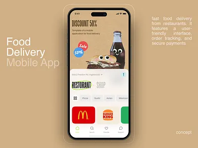 Food delivery app app app design burger cartoon clean colourful concept delivery food food delivery food tech illustration ios ios app mobile app mobile design stylish ui ux white