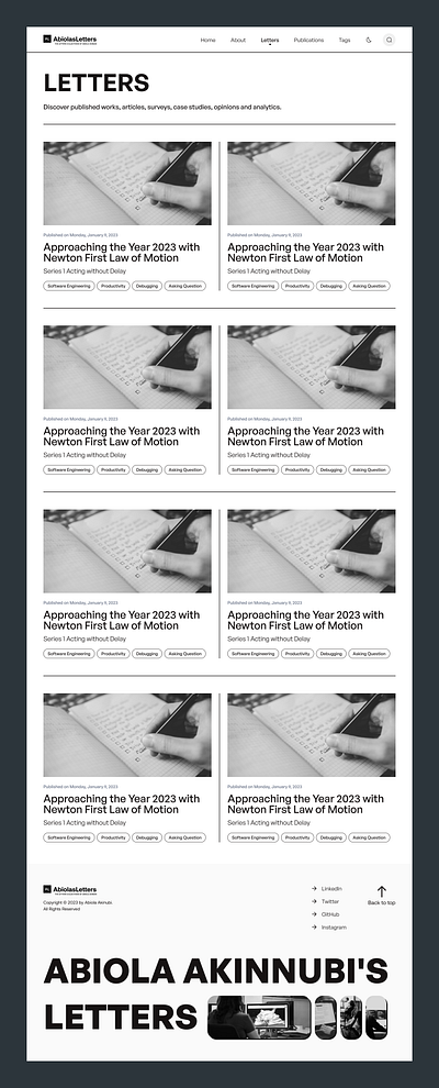 Abiolas Letters - Letters Landing Page animation app article blog branding darkmode design graphic design hero illustration iphone landing page logo minimal portfolio ui ux web web app website