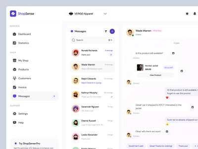 ShopSense Dashboard - Messages Page admin chat clean conversation dashboard design inbox mailbox message messenger minimalist navigation bar notification sales sales dashboard sales shop ui ux web design website