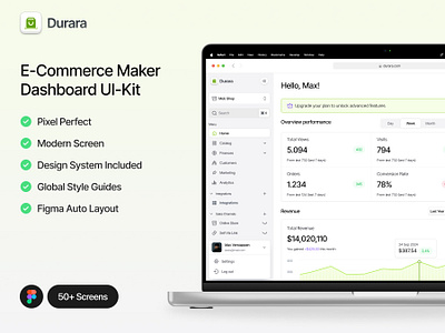 Durara - E-Commerce Maker Dashboard UI Kit buy clean dashboard e commerce ecommerce etzy maker neat payment popular product product design sell shopify statistic stats store ui kit