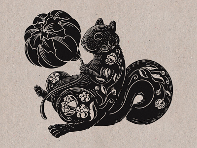 Squirrel & Flower animal animal illustration botanical illustration botany calming digital linocut flower label leaves lines nature nature art packaging peace perfume printing rose squirrel tattoo wildlife