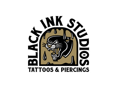Panther Logo | Black Ink Tattoo Parlor american traditional badge black black ink branding crest dasedesigns gold identity design illustration ink logo mascot mascot logo panther panthers tattoo tattoos