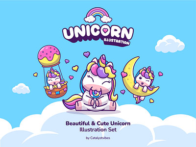 Cute Unicorn🦄🍭☁️ animals balloon bottle cloud colorful cute donut doodle fantasy hat horse icon illustration logo mockup moon rainbow shirt unicorn vector