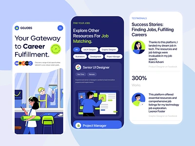 GoJobs-Hiring Platform Website 2d illustration branding corporate design employment graphic design hiring platform illustration illustration website job job board job finder job listing job portal job search landing page product design ui ux vector