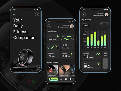 RingWave : Smart Ring app chart dark dashboard data fitness goal graph health mobile app design smartring statistic tabbar ui ux