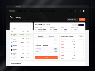 Cryptocurrency Platform: Borrowing app application asset borrow branding crypto cryptocurrency dashboard design landing nft product stake table trade trading ui ui design ux web