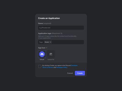 Discord - Create Application Modal app application button component dark mode design design system discord figma icon input field landing page minimalist modal ui ui design ui kit widget