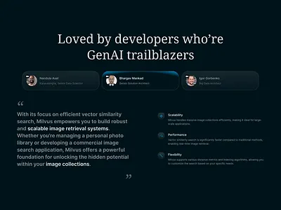 Testimonial Design for Milvus Landing Page ai landingpage opensource ui vector database webdesign